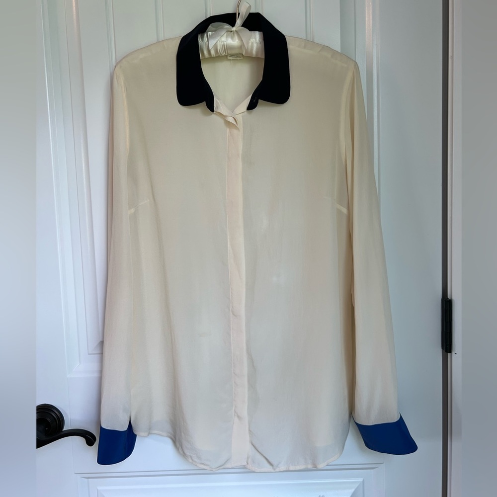 Cream silk Club Monaco button-down blouse with two-tone collar and cuffs
